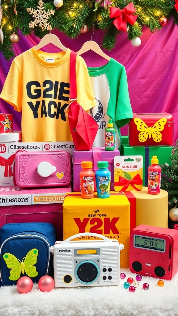 Y2K Inspired Christmas Gift Ideas A festive arrangement of Y2K-themed Christmas gifts including colorful accessories and retro gadgets.